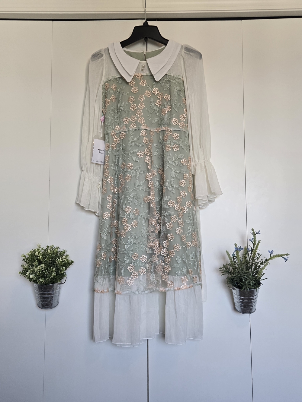 Pleated Collar Mint Green Floral Midi Dress